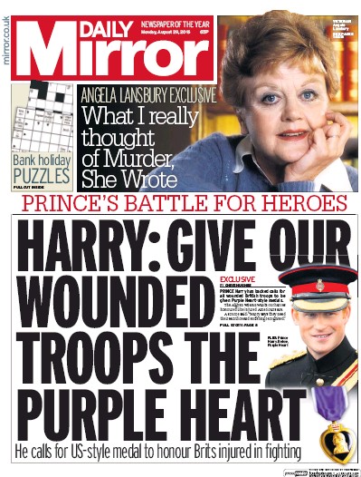 Daily Mirror Newspaper Front Page for 29 August 2016