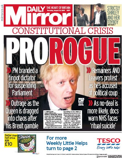 Daily Mirror Newspaper Front Page for 29 August 2019
