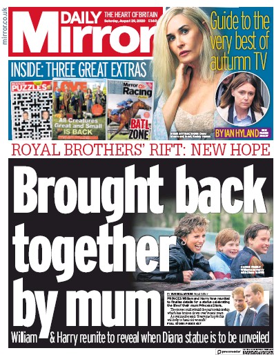 Daily Mirror Newspaper Front Page for 29 August 2020