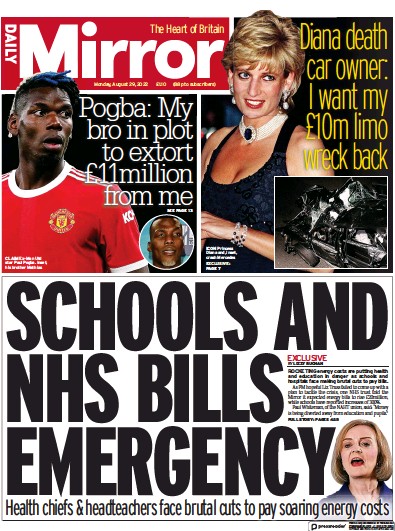 Daily Mirror (UK) Newspaper Front Page for 29 August 2022