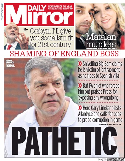 Daily Mirror Newspaper Front Page for 29 September 2016