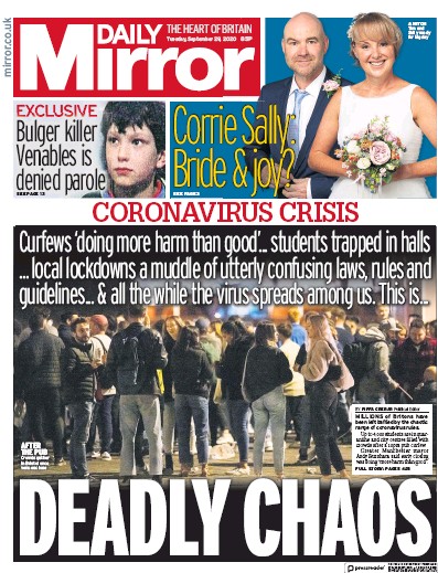 Daily Mirror Newspaper Front Page for 29 September 2020