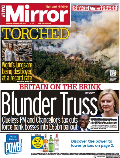 Daily Mirror (UK) Newspaper Front Page for 29 September 2022