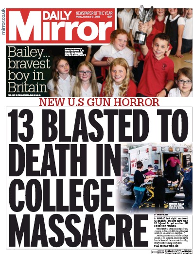 Daily Mirror Newspaper Front Page for 2 October 2015