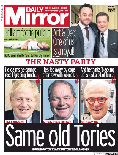 Daily Mirror Newspaper Front Page for 2 October 2019