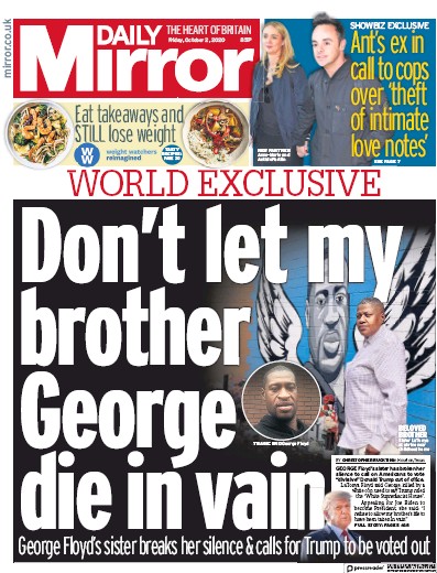 Daily Mirror Newspaper Front Page for 2 October 2020