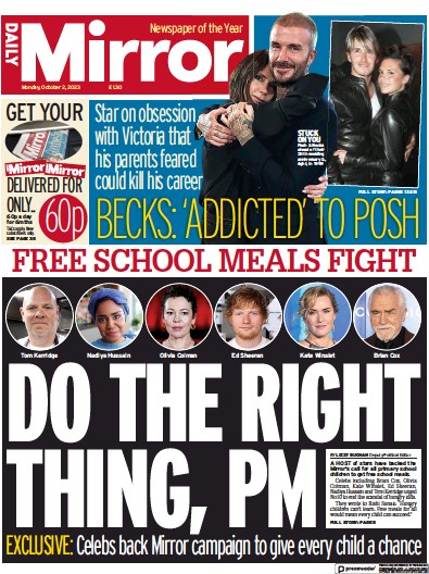 Daily Mirror (UK) Newspaper Front Page for 2 October 2023
