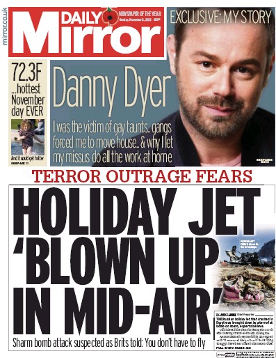 Daily Mirror Newspaper Front Page for 2 November 2015