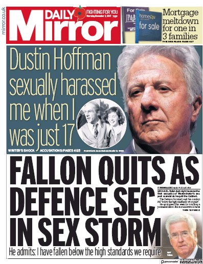 Daily Mirror Newspaper Front Page for 2 November 2017