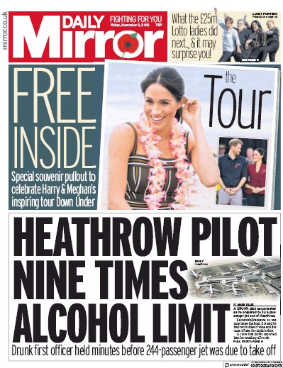 Daily Mirror Newspaper Front Page for 2 November 2018