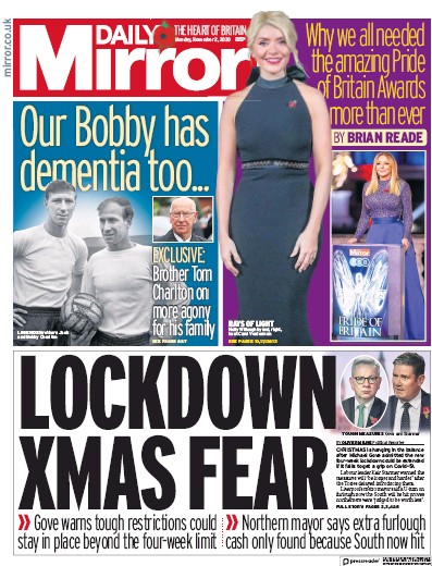 Daily Mirror Newspaper Front Page for 2 November 2020
