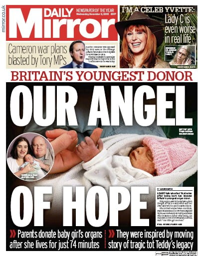 Daily Mirror Newspaper Front Page for 2 December 2015