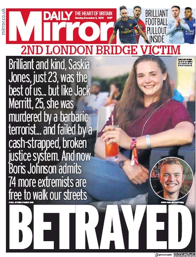 Daily Mirror Newspaper Front Page for 2 December 2019