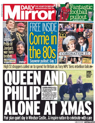 Daily Mirror Newspaper Front Page for 2 December 2020