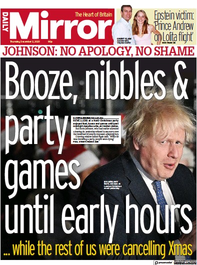 Daily Mirror (UK) Newspaper Front Page for 2 December 2021