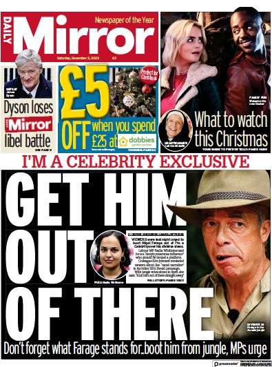 Daily Mirror (UK) Newspaper Front Page for 2 December 2023
