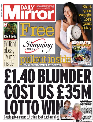 Daily Mirror Newspaper Front Page for 2 January 2016