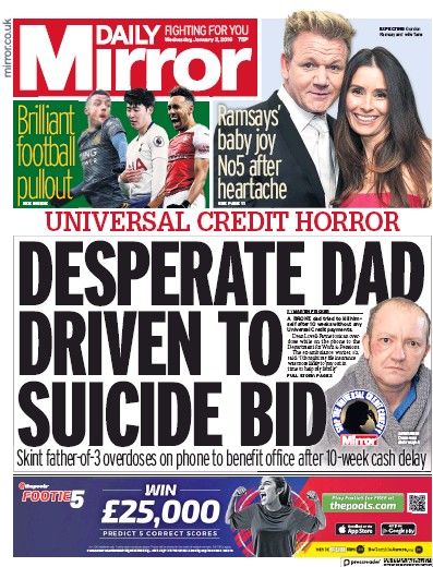Daily Mirror Newspaper Front Page for 2 January 2019