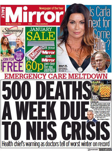 Daily Mirror (UK) Newspaper Front Page for 2 January 2023