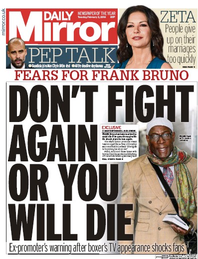 Daily Mirror (UK) Newspaper Front Page for 2 February 2016