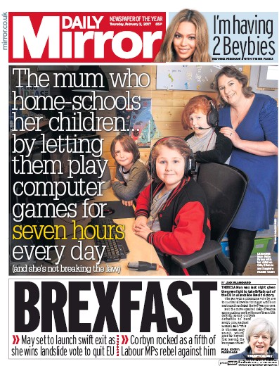 Daily Mirror Newspaper Front Page for 2 February 2017