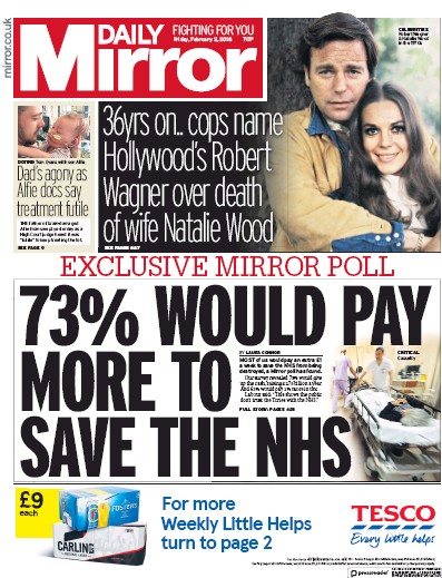 Daily Mirror Newspaper Front Page for 2 February 2018