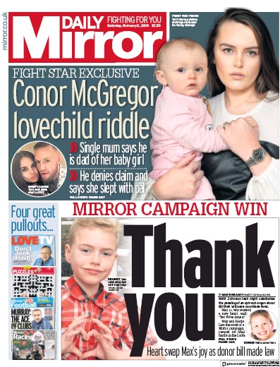 Daily Mirror Newspaper Front Page for 2 February 2019