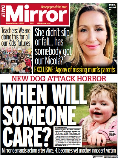 Daily Mirror (UK) Newspaper Front Page for 2 February 2023