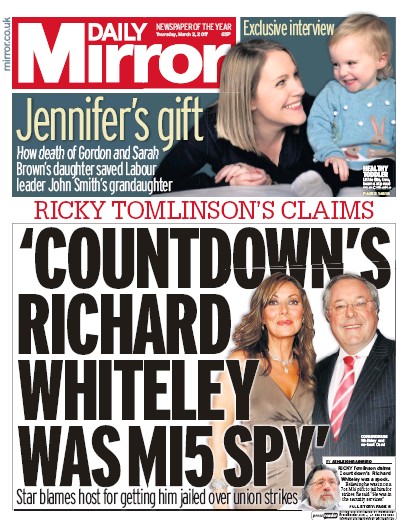 Daily Mirror Newspaper Front Page for 2 March 2017