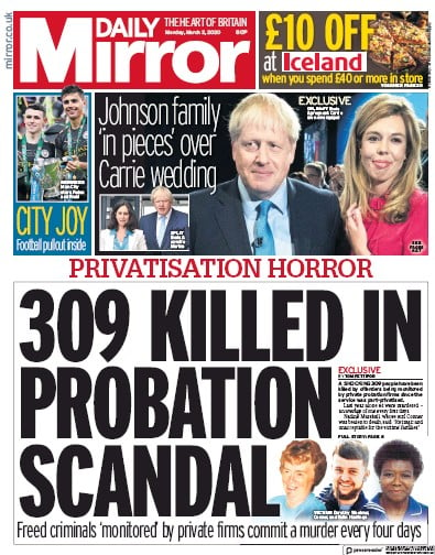 Daily Mirror Newspaper Front Page for 2 March 2020