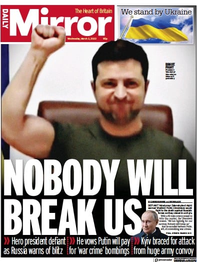 Daily Mirror Newspaper Front Page for 2 March 2022