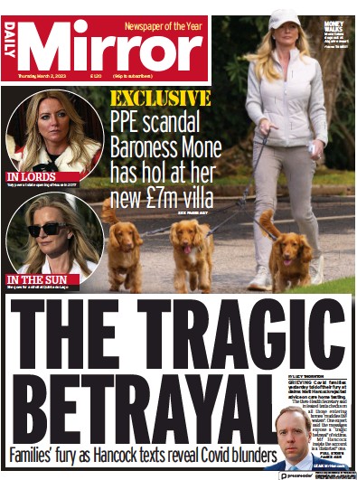 Daily Mirror (UK) Newspaper Front Page for 2 March 2023