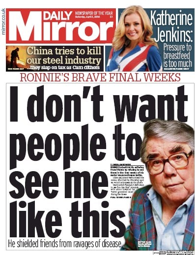 Daily Mirror Newspaper Front Page for 2 April 2016