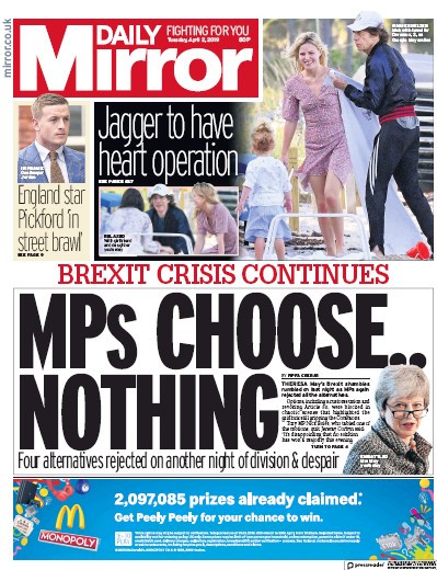 Daily Mirror Newspaper Front Page for 2 April 2019