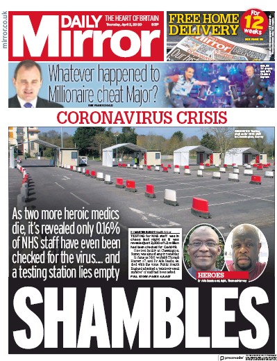 Daily Mirror Newspaper Front Page for 2 April 2020