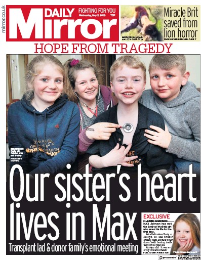 Daily Mirror Newspaper Front Page for 2 May 2018