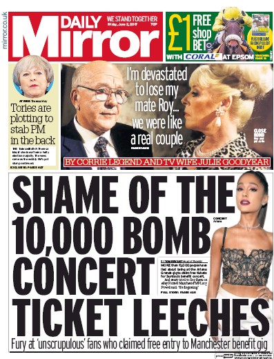 Daily Mirror Newspaper Front Page for 2 June 2017