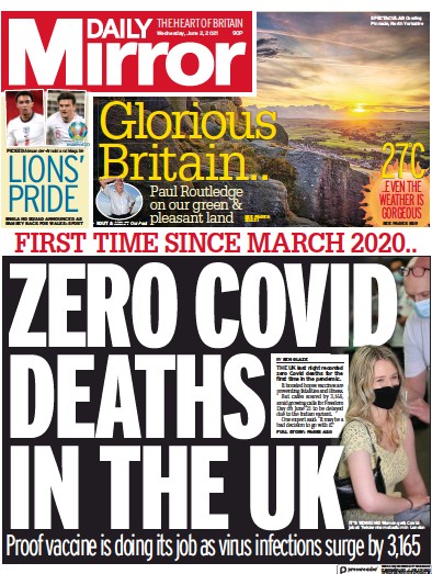 Daily Mirror Newspaper Front Page for 2 June 2021