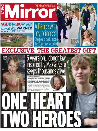 Daily Mirror (UK) Newspaper Front Page for 2 June 2025