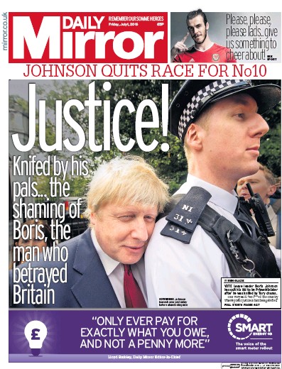 Daily Mirror Newspaper Front Page for 2 July 2016