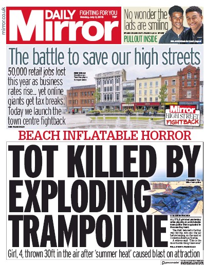 Daily Mirror Newspaper Front Page for 2 July 2018