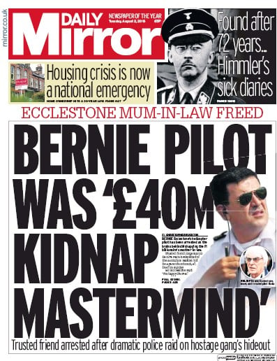 Daily Mirror Newspaper Front Page for 2 August 2016
