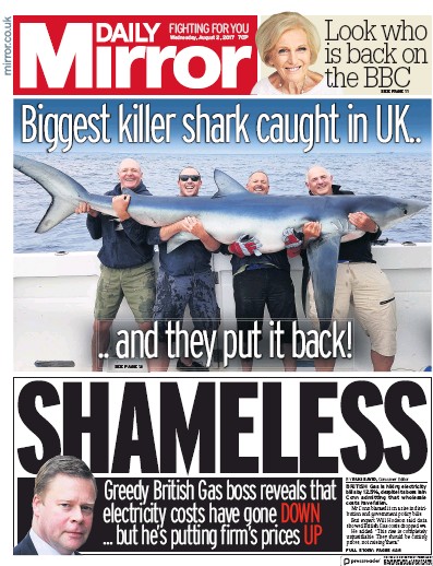 Daily Mirror Newspaper Front Page for 2 August 2017