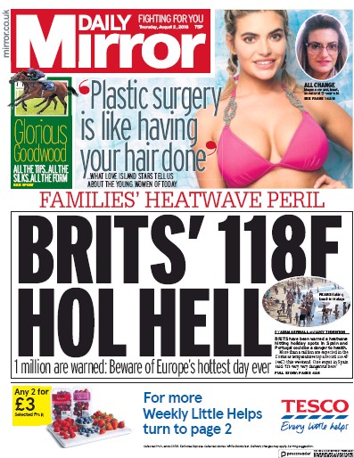 Daily Mirror Newspaper Front Page for 2 August 2018