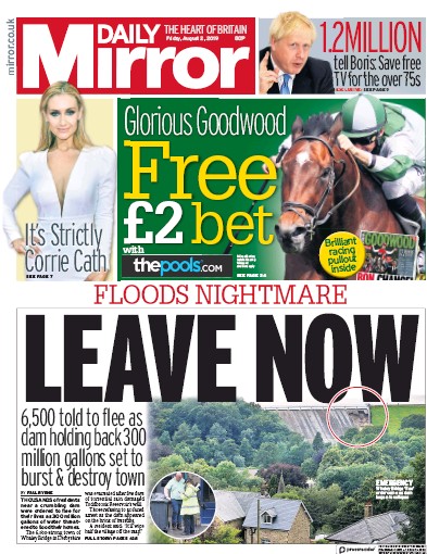 Daily Mirror Newspaper Front Page for 2 August 2019