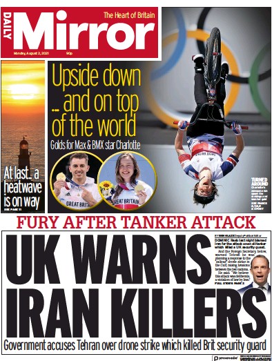 Daily Mirror (UK) Newspaper Front Page for 2 August 2021