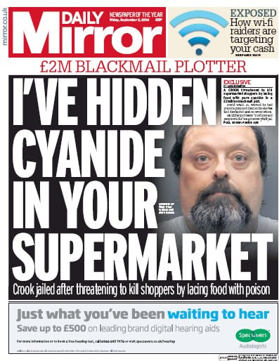 Daily Mirror Newspaper Front Page for 2 September 2016