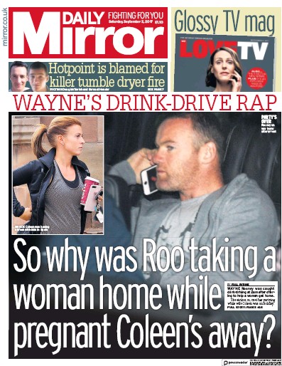Daily Mirror Newspaper Front Page for 2 September 2017