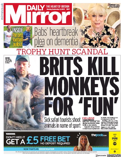 Daily Mirror Newspaper Front Page for 2 September 2019