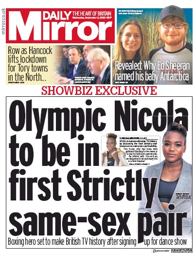 Daily Mirror Newspaper Front Page for 2 September 2020